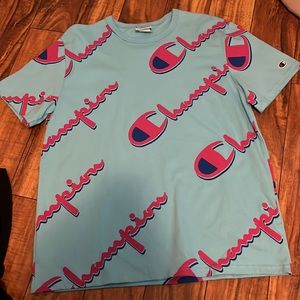 blue and pink champion tshirt